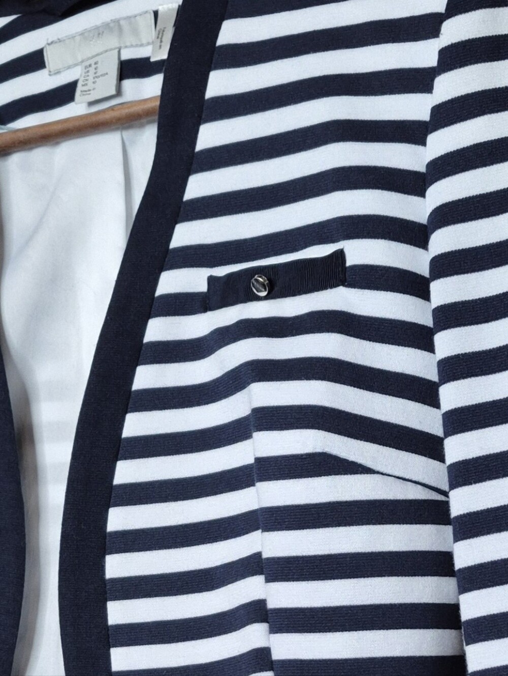 H&M Breton Stripe Cropped Blazer Nautical Open Front Tailored Structured Jacket - Picture 4 of 8